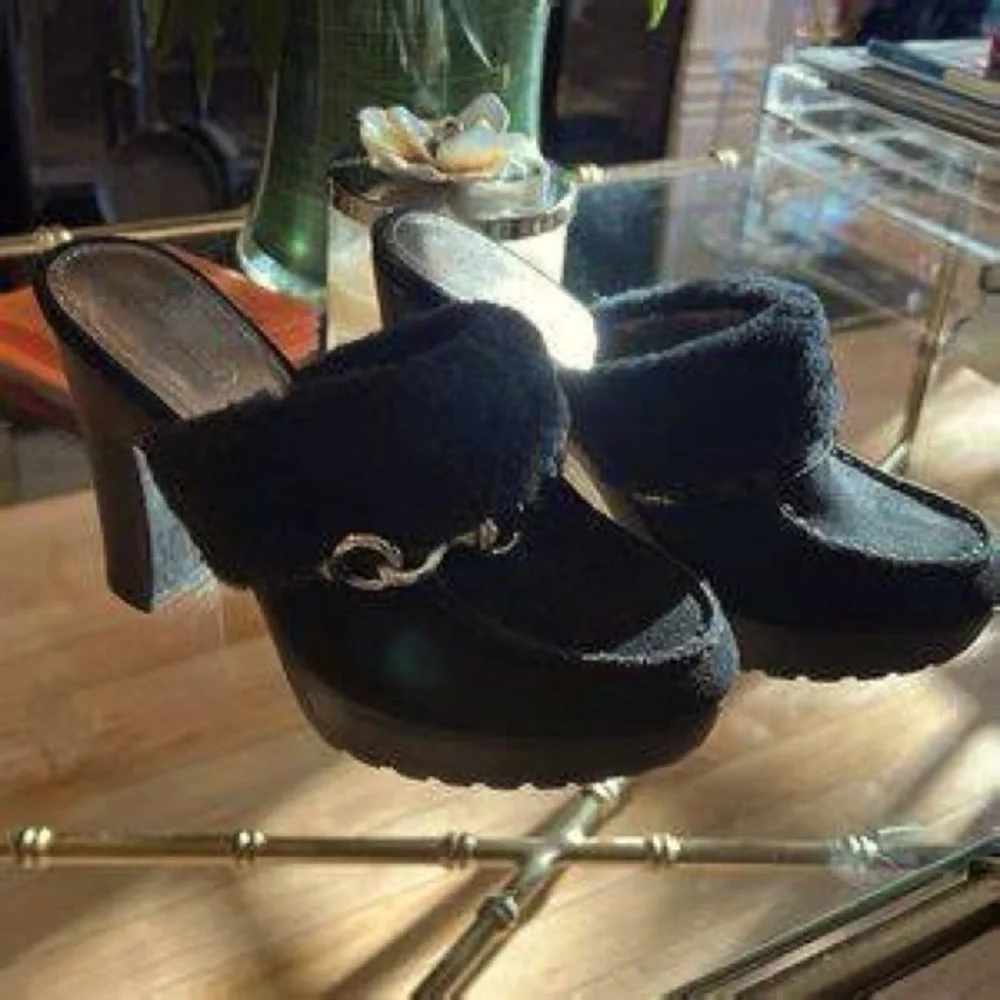 COACH IDYLE Shearling leather black clog heels rare $328 9 silver Designer - Picture 2 of 11